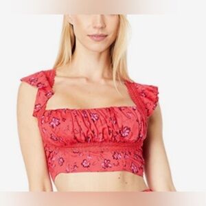 Free People Women’s Top Size 4 Red Floral Smocked Crop Ruffle Lace Boho